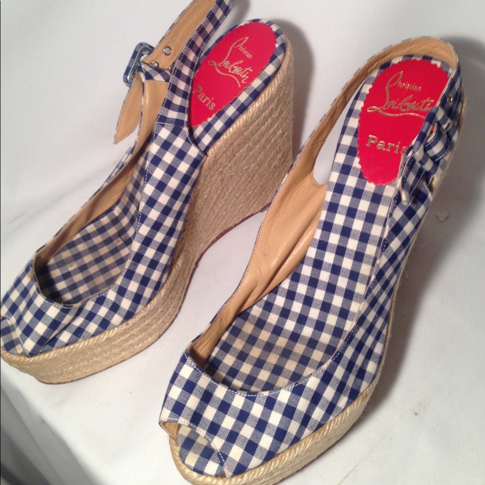 Christian Louboutin Navy Gingham Espadrille Wedge Sandals